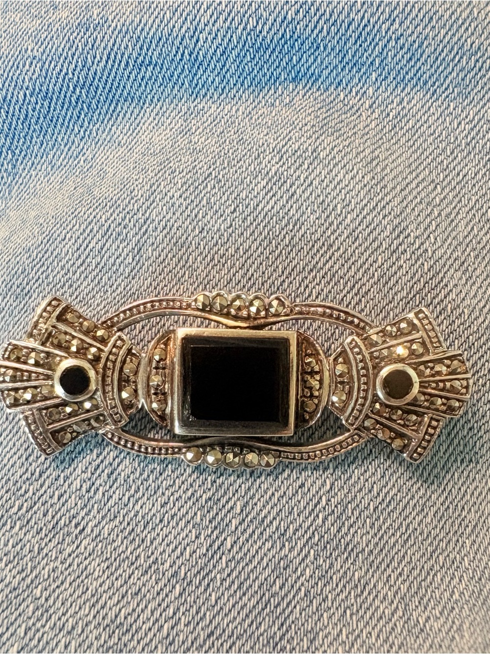 Vintage 925 Sterling Silver Marcasite Black Onyx Art Deco Bar Brooch - Picture 9 of 9